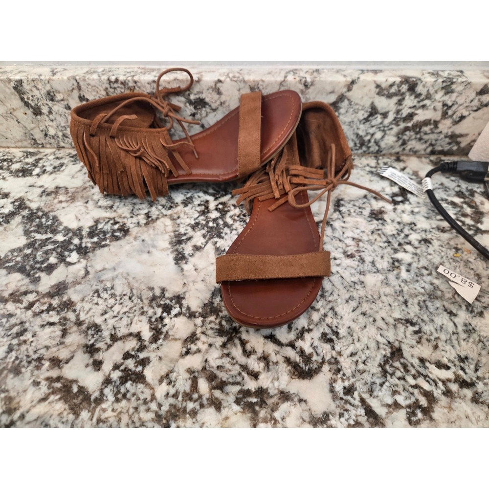 MIA Brown Suede Fringe Lace Up Ankle Wrap Flat Sandals Womens‎ 9M Boho Western
